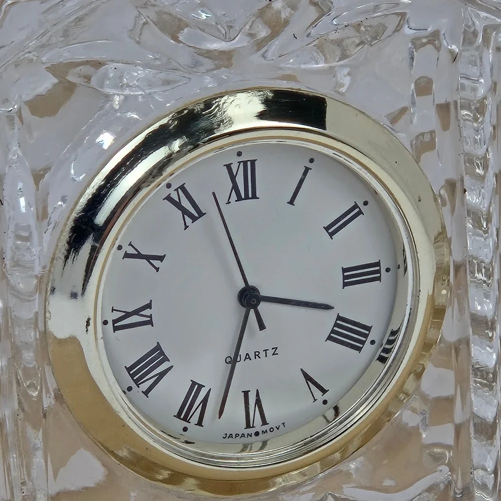 Vintage 24% Lead Crystal Miniature Mantel Clock Quartz Japan Movt Gold Tone Trim